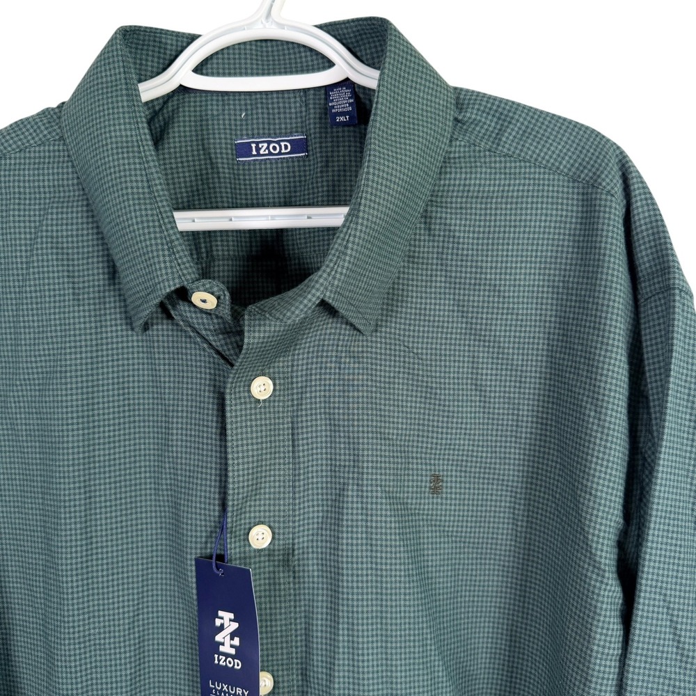 IZOD Luxury‎ Classics Button Down Shirt Mens 2XLT Green Houndstooth Long Sleeve
